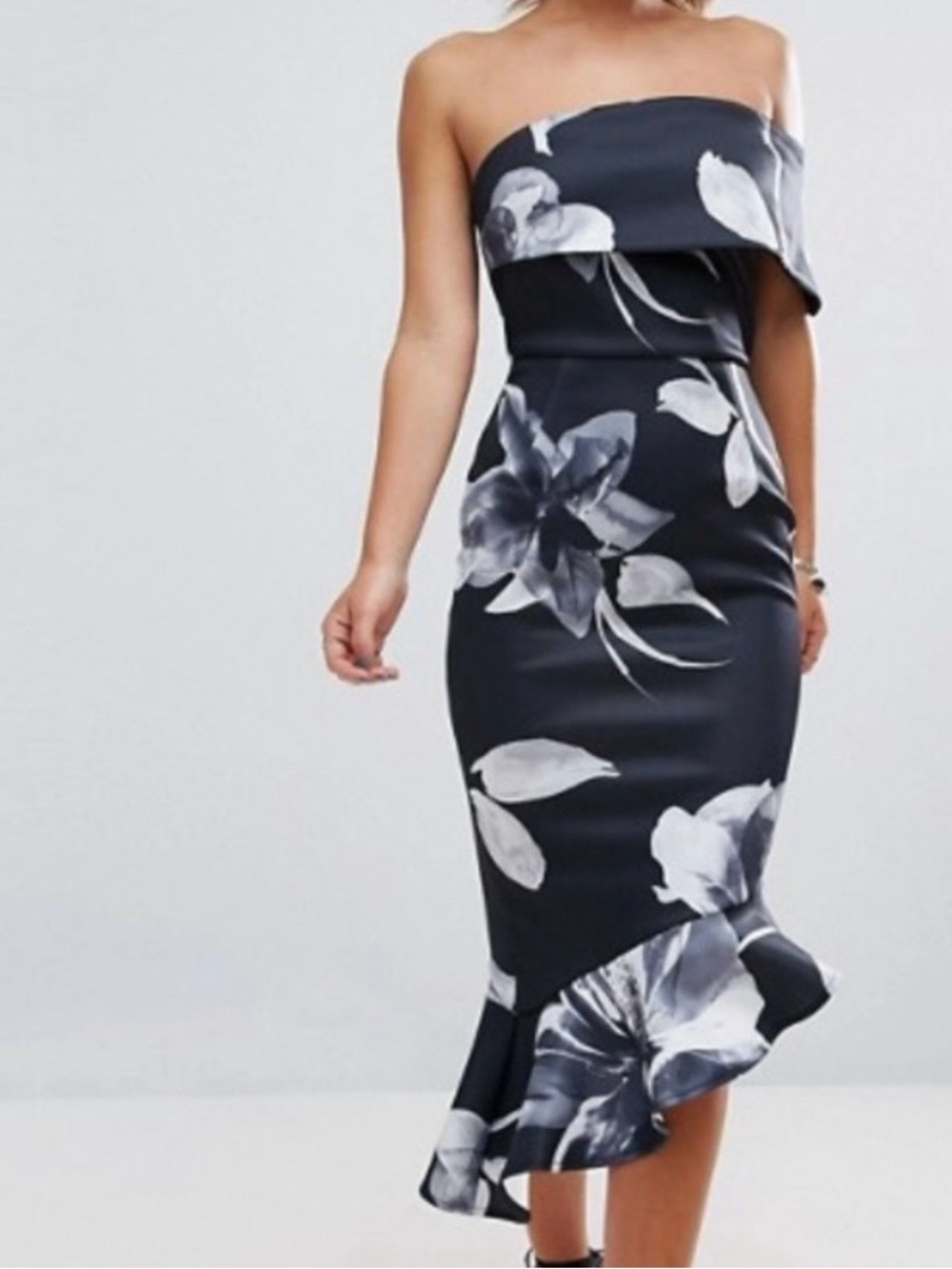 ASOS Strapless Black Floral Midi Dress